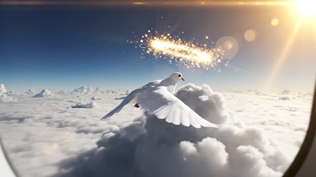 A white dove flies through a sunny sky with clouds and sparkles