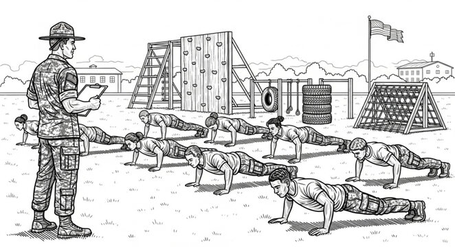 Military Drill Sergeant Overseeing Push-Ups in Training Exercise.