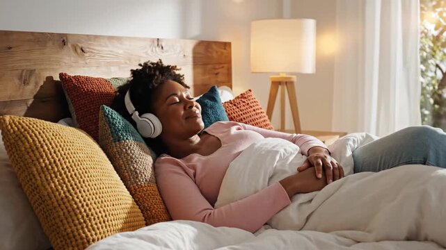 A woman lies on a cozy bed with colorful pillows, relaxing on a phone in a well-lit room