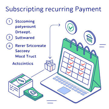 Subscription recurring payment concept: calendar, money, and secure transaction icons, credit card