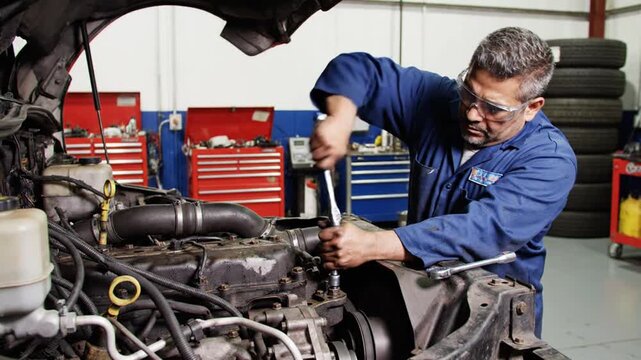 Mechanic repairing engine in garage with tools and tires in background, fixing car