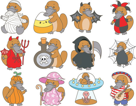 Cute set of platypus sticker with activity. Platypus 