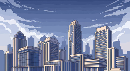 A city skyline with stylized buildings against a cloudy, twilight sky © jons