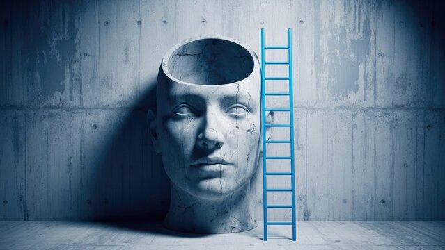 A surreal sculpture of a human head with a ladder leading to an empty space