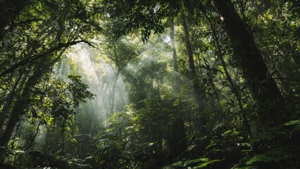 Obraz premium Sunlit green rainforest trees