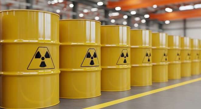 A row of bright yellow industrial barrels marked with radioactive warning symbols in a warehouse