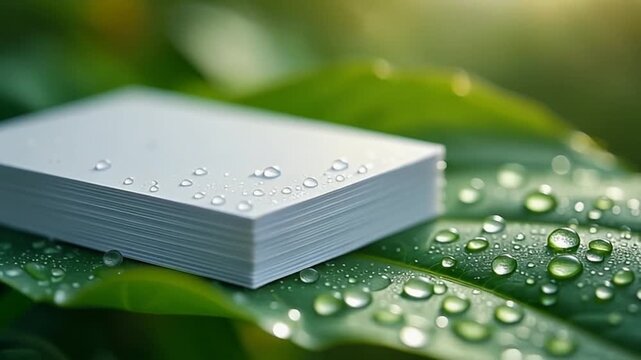 A stack of blank white cards with water droplets on a lush green leafy background with natural light