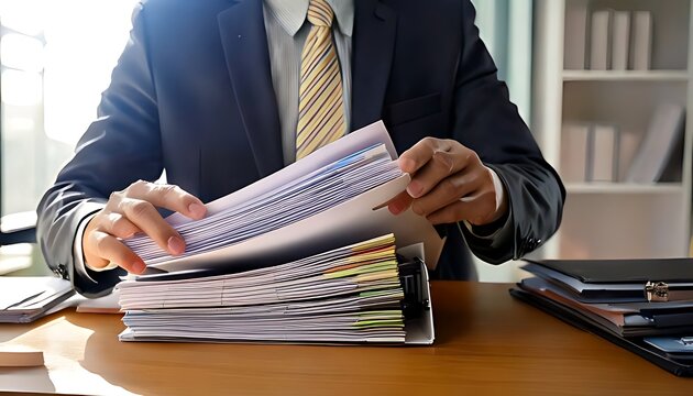 A suited person sorts through a stack of papers at a wooden desk, possibly in an office with bright lighting