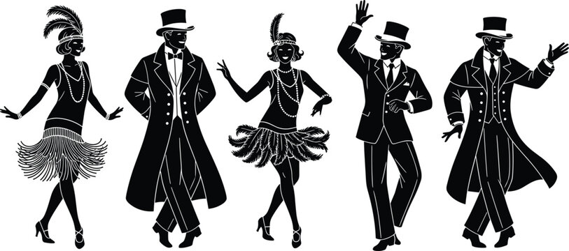 1920s jazz age dancers silhouette collection with flapper women and vintage gentlemen dancing, retro Charleston party characters isolated on white backgroundvvvv