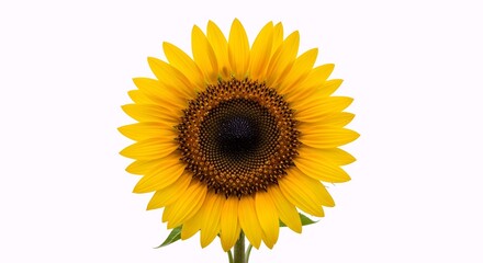 Fototapeta premium Vibrant yellow sunflower with a dark brown center against a clean white background, showcasing its intricate details and bright petals.