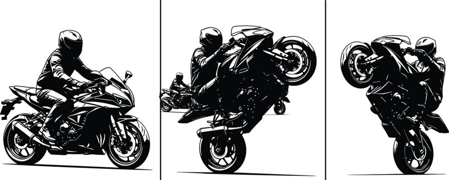 Black and white vector illustration set of a sportbike rider performing wheelies and stunts on a powerful motorcycle isolated on a white background.