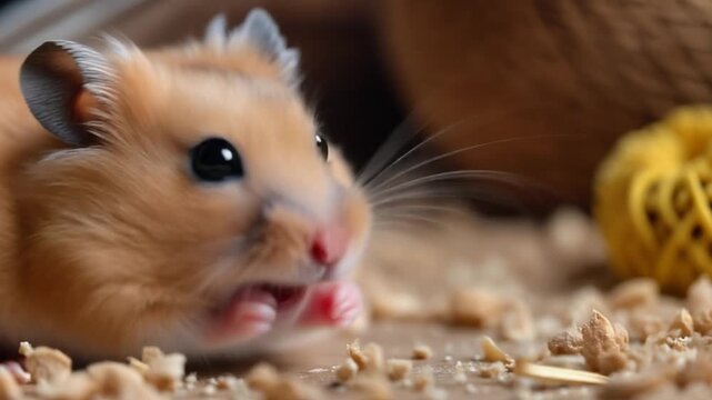 A hamster freezing dramatically after hearing a sudden sound, comedic reaction, macro detail, 4K, 5 seconds