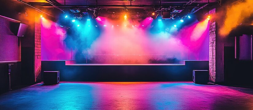 Dynamic Empty Stage with Vibrant Pink, Blue, and Orange Haze Lighting in a Modern Club