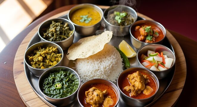 Vibrant Indian Thali with Rice Papad and Seven Curries