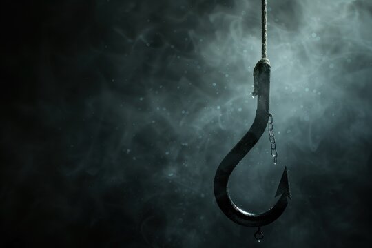 Large metal hook with chain hanging in dark smoky environment