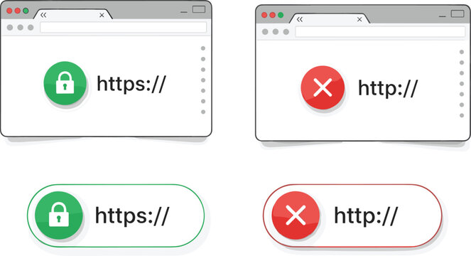 Vector illustration set of web browser windows showing secure https with green lock and insecure http with red cross for internet safety and cybersecurity.