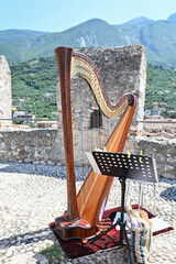 Harp with Music Stand Outdoors Against Mountain Background