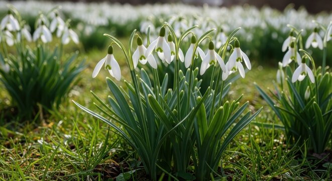 A close up view of delicate white snowdrop flowers blooming in a lush green meadow during spring