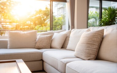 Fototapeta premium Cozy Family Living Room with Warm Evening Light from a Summer Sunset