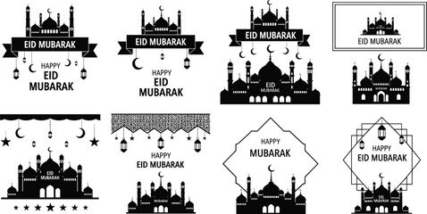 Eid Mubarak greeting badge collection, Islamic mosque crescent lantern silhouettes, Ramadan Kareem festival labels, Muslim celebration vector set © MDTAHMID