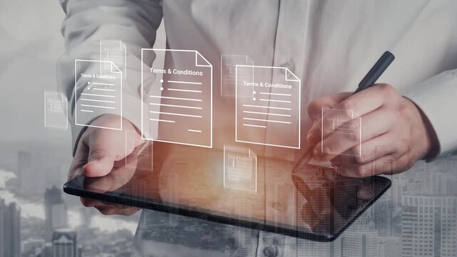 Business professional signs digital document agreement with terms and conditions on tablet device in modern urban setting with skyscraper background Gluon.