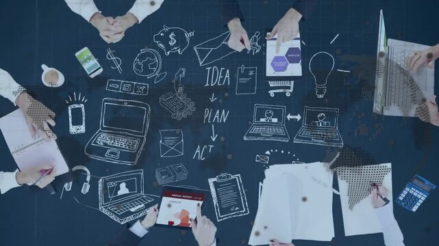 Team tapping tablet, typing and writing, activating business sketch icons forming IDEA PLAN ACTION