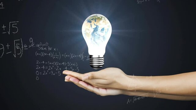 Hands moving to center, making board equations visible as Earth-bulb hovering over palms for STEM