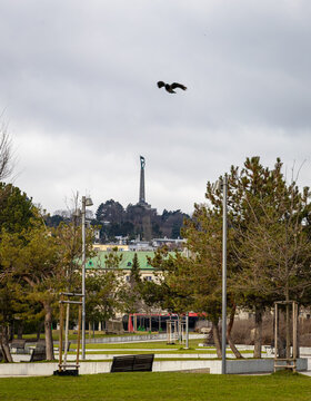 Slavin War Memorial Bratislava distant city view with monument on hill