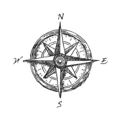 Wind Rose Compass Navigation Vector Illustration in Vintage Engraving Ink Drawing Nautical Style. Perfect for navigation maritime branding, cartography projects, travel themes, and vintage map designs © julia_khimich