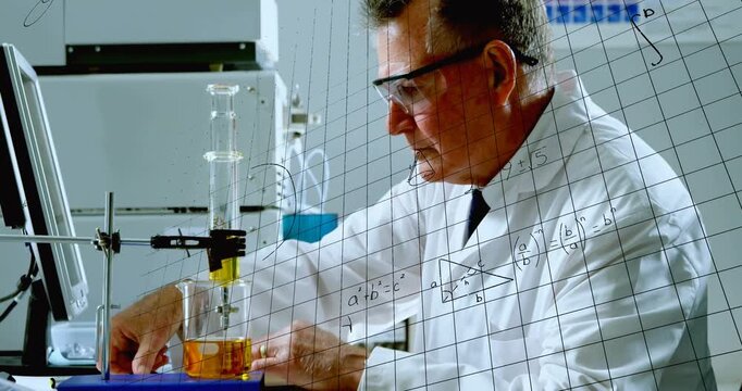 Lab scientist starting pipetting yellow liquid, adjusting clamp, valve while grid diagrams growing
