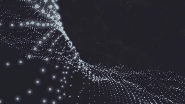 Point mesh unfolding left, core glowing driving waves moving right, camera shifting showing depth