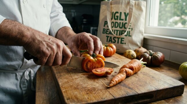 Chef Chopping Imperfect Organic Vegetables to Reduce Food Waste. Represents ugly produce, sustainable cooking, and environmental awareness.