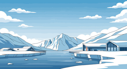 Serene Arctic landscape with snow-capped mountains, icy waters, and modern buildings © Tawang