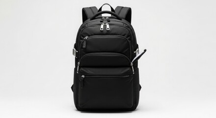 Naklejka premium Black backpack with multiple zippers and pockets on a white background travel and outdoor gear