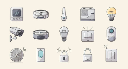 Fototapeta premium Smart home devices displayed as icons security camera, lightbulb, lock, and more