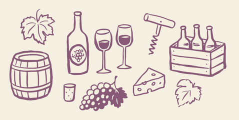 Naklejka premium Wine set with grapes and barrel outline sketch vector illustration