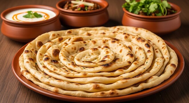 A delicious serving of layered lachha paratha served with traditional indian curry and fresh curd