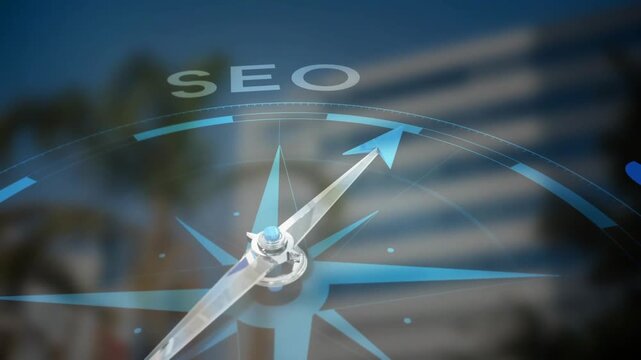 Metallic compass rose rotating over blurred city, camera pulling while needle pointing toward SEO