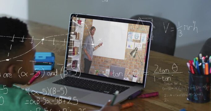 Vertical video: Kid copying tutor writing on board via laptop for learning, math overlay growing
