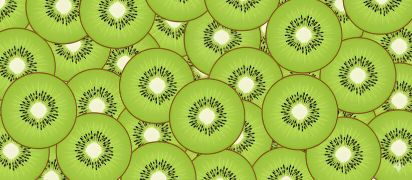A panoramic illustration of a tightly packed kiwi fruit pattern. The design emphasizes the bright green translucent pulp, tiny black seeds, and the intricate radial texture of sliced kiwi for a refres