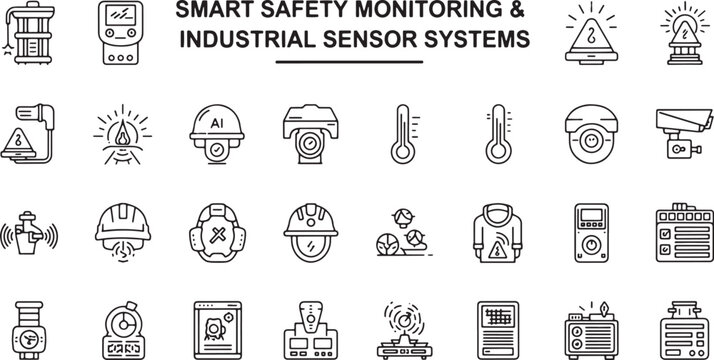 Smart safety monitoring and industrial sensor systems outline icons set for factory worker security and automated technology.