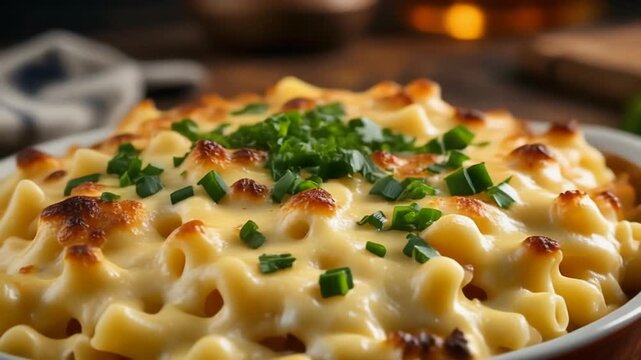 A close-up of a macaroni and cheese dish topped with chives, served in a white bowl on a wooden kitchen table with blurred background