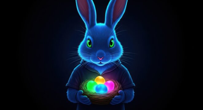 A vibrant blue rabbit holding a nest filled with glowing neon easter eggs in a dark background