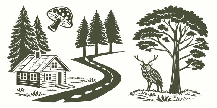 a deer stands by a tree near a house and road in the woods Vector
