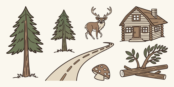 a forest scene with trees and a deer Vector