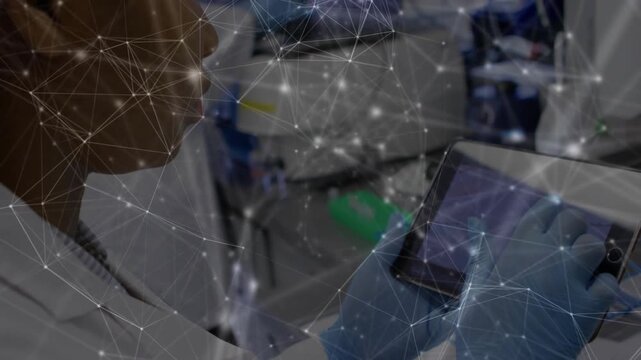 Lab technician bringing tablet into view, tapping and confirming sample data with network overlay
