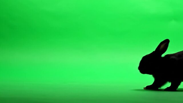 A silhouette of a running rabbit against a bright green background, with motion blur suggesting speed, possibly for Easter or animal-themed media