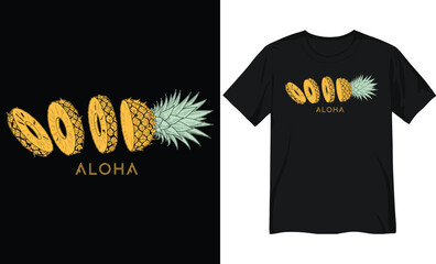 Vintage Hand-Drawn Sliced Pineapple Illustration with Aloha Text on Black Background © Designer Aziz