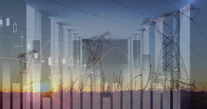 Finance overlay emerging over towers at dusk, timeline advancing animating candles showing markets