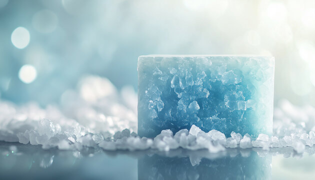 Sea Salt Handmade Soap Bar on Light Table with Blurred Background, Natural Coastal Skincare Advertising Photography